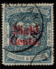 NORTH BORNEO QV SG52, 8c on 25c indigo, FINE USED. Cat &pound;150. CDS