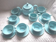 Franciscan Coronado Aqua Swirl Tea Pot Set W/ 8 Tea or Coffee Cups & Saucers