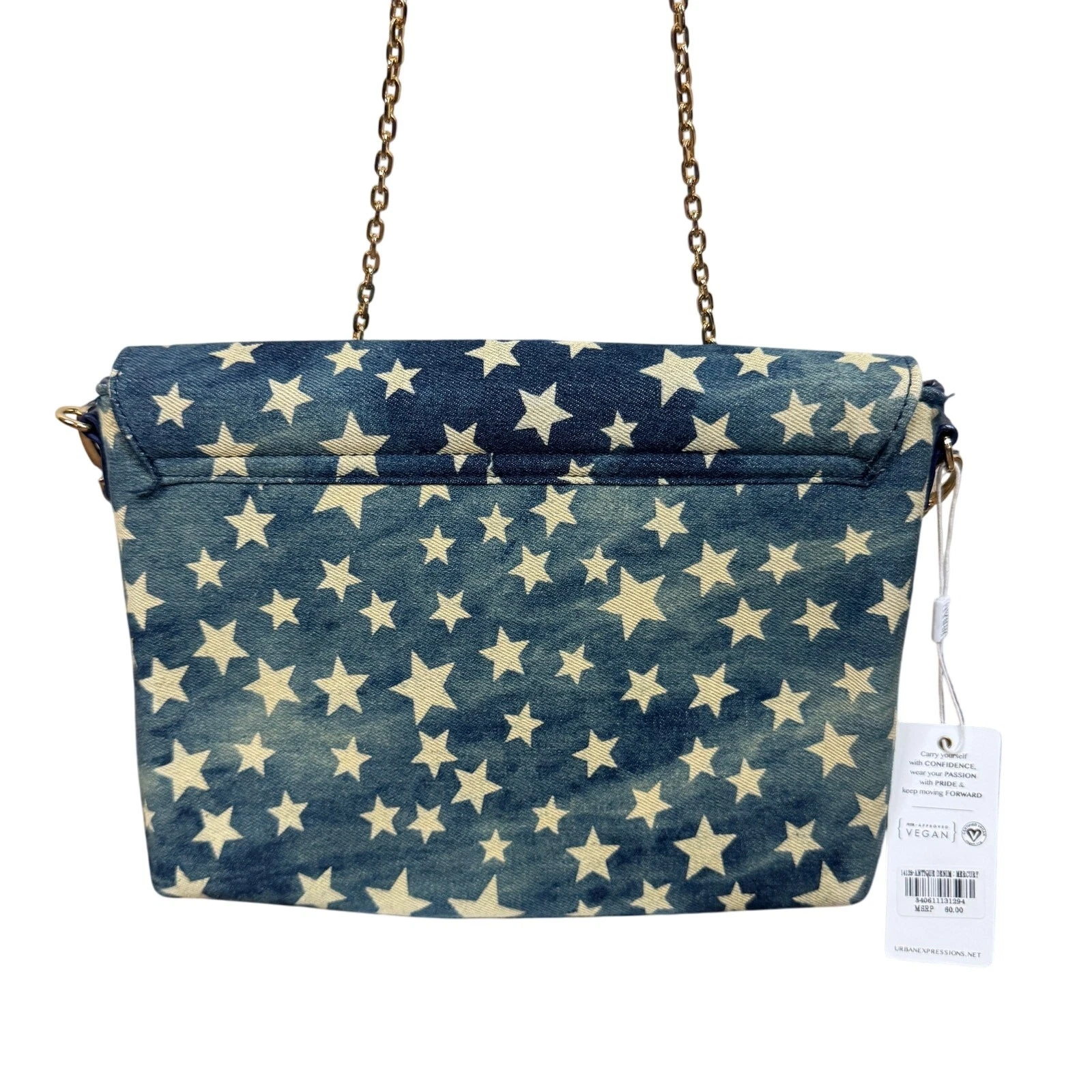 Borsa a tracolla Urban Expressions blu mercurio denim stampa stelle pochette catena nuova con etichetta