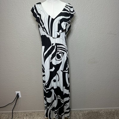 Theory Maxi Dress Black White V-Neck Long Asymmetric Hem Size L | eBay
