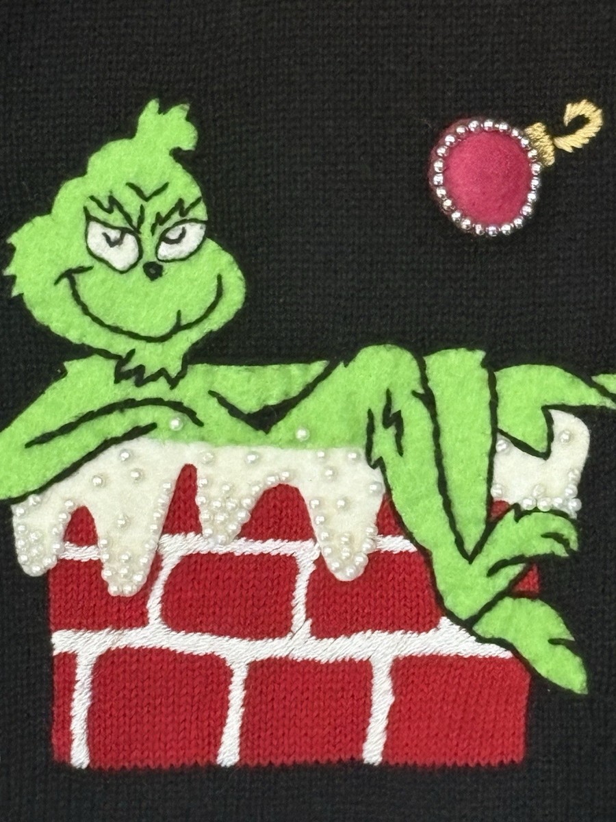VTG 2000 Michael Simon GRINCH XMAS Cardigan Sweater Button/Embroidered Beaded XL View 6
