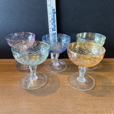 VTG.*Champagne/Sherbet Glasses *cut Diamond Pattern *various Pastel Colors 