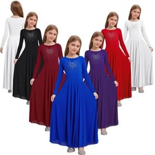 Kids Girls Dress Worship Tunics Celebration Robe Choir Maxi Rhinestone Show