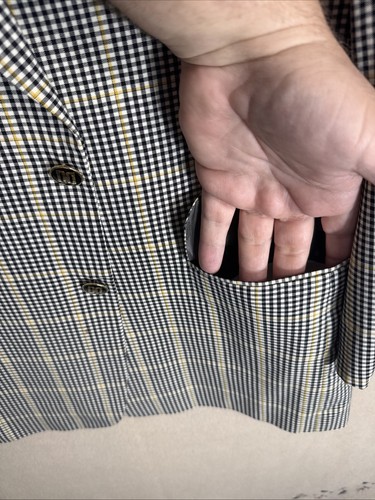 DAKS 42R Slim 106cm Black Yellow Gingham Check Window Plaid Grid 100% Wool 2BTN - Picture 4 of 16