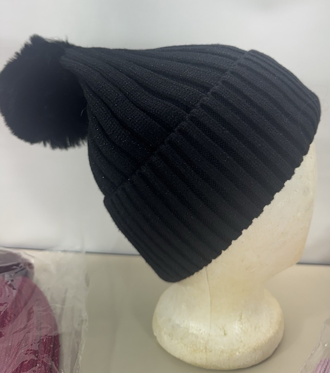 NWT Black Ribbed Beanie Hat W/Metallic Thread & Faux Fur Pom Pom