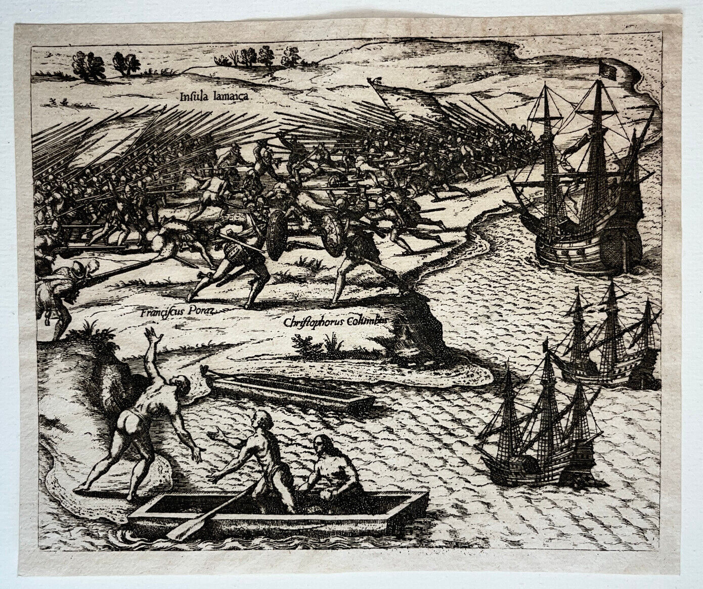 Bataille Jamaique CHRISTOPHE COLOMB Poraz GRAVURE de Bry Colombus XVI° (?)