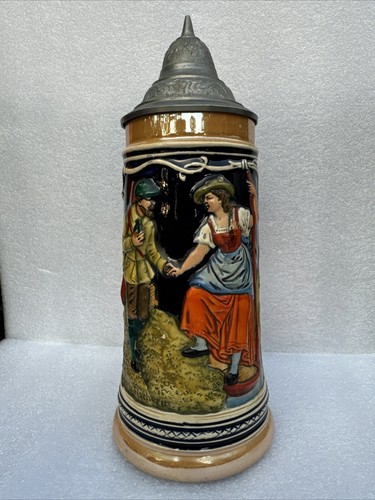 Vintage German Beer Stein Mug Pewter Lid 3D Embossed Collectible - Picture 3 of 6