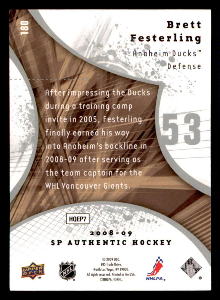 2008-09 SP Authentic #180 Brett Festerling RC /999 (ref 239791) - Image 2 of 2