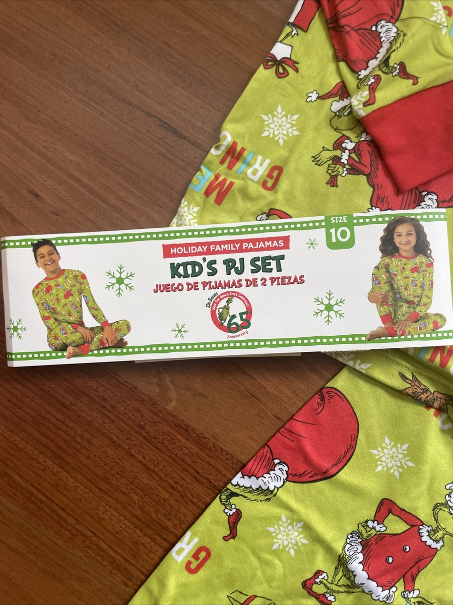 Seuss The Grinch Holiday Pajamas 65th Anniversary Unisex Kid Size 8-10  NWT