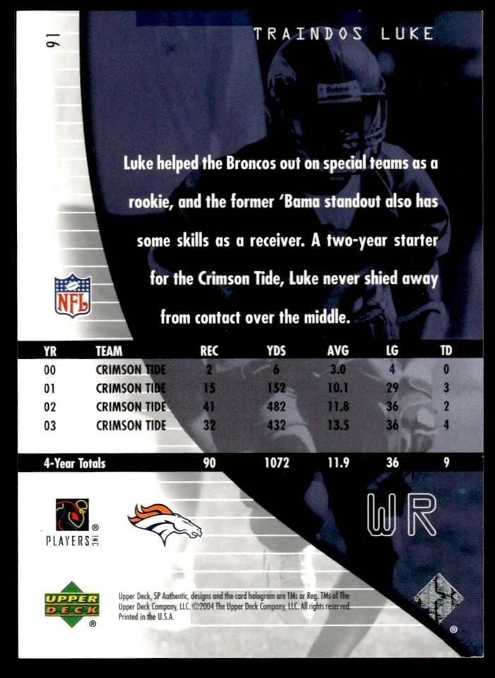 2004 SP Authentic Triandos Luke Rookie 0027/1199 Denver Broncos #91 R151 - Image 2 of 2