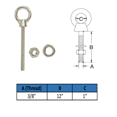 SS 3/8'' x 12'' Turned Eye Bolt Rigging Ring Loop Lift Mount Fully Threaded 1050Lb