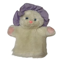 Applause Vintage White Cat Purple Polka Dot Bonnet Plush Hand Puppet