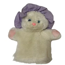 Applause Vintage White Cat Purple Polka Dot Bonnet Plush Hand Puppet
