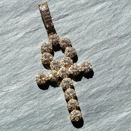 14K Gold Ice Clusters Luxury Ankh Pendant - Picture 2 of 3