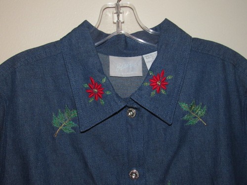 Blair Camicia Donna Grande Jeans Denim Ricamata Fiori Foglie Poinsettia Top L - Foto 2 di 9