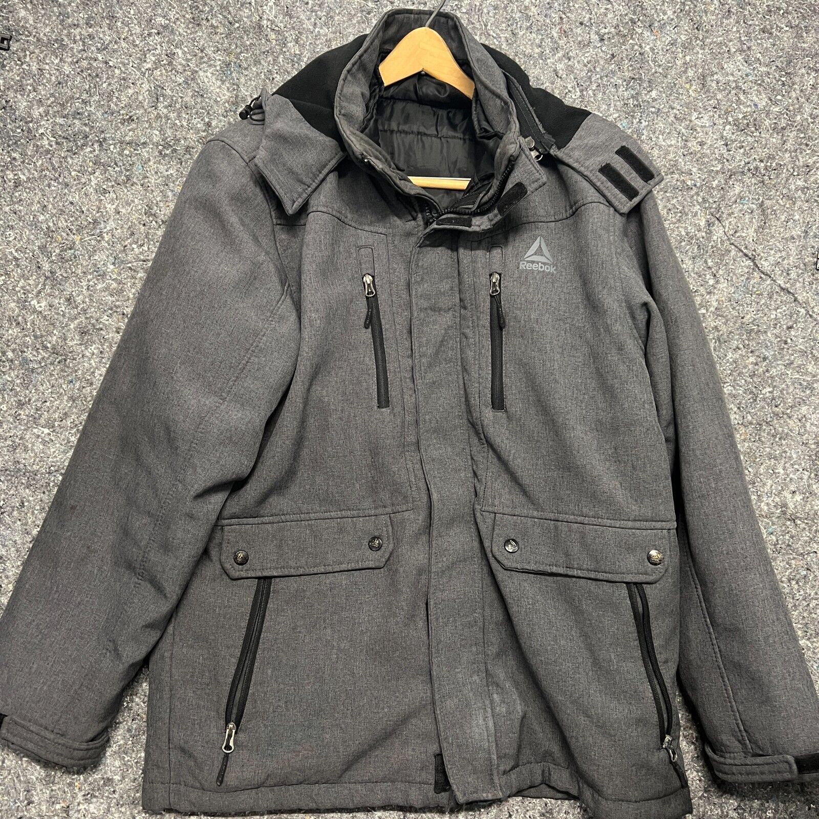 Reebok Jacket Men L Grey Hooded Zip Pockets Outdoor Logo Full Zip Street Parka