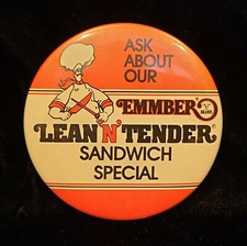 Vtg Emmber Brands Ask About Lean & Tender Sandwich Special Pin Back Button 3"