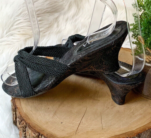 PRADA VTG Kitten Heel Open Toe Slip On Sandals Strappy Velvet Floral Black 35/5 - Picture 9 of 10