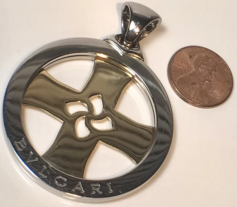 BVLGARI ORO AMARILLO 18K DISCO ACERO 2 1/4” COLGANTE CRUZ TONDO POR FAVOR LEER S718 Foto 2 de 4