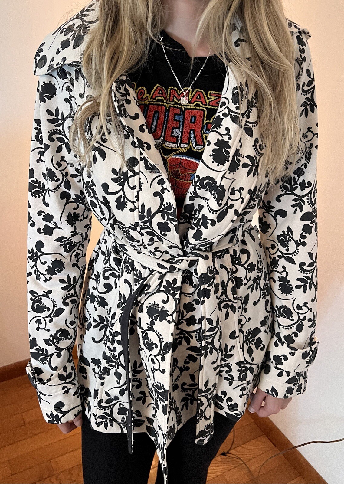 Self Esteem Jacket Coat 4 Button Belted White Bla… - image 1