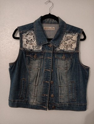 Apollo Jeans ~Missy Denim Vest Juniors Sz. L Button Front Distressed  Lace