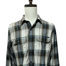 Eddie Bauer Travex Shirt Mens Large Gray White Plaid Long Sleeve Button Up