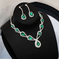 Green alloy Rhinestone Necklace Earrings Set Wedding Bridal Evening Jewellery