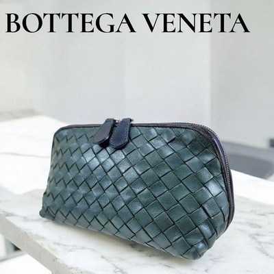 Bottega Veneta Intrecciato Pouch Green Leather Cosmetic Case Mini Bag Authentic