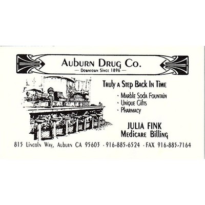 Auburn Drug Co 815 Lincoln Julia Fink Auburn CA Vintage Business Card STK2-BC3-6