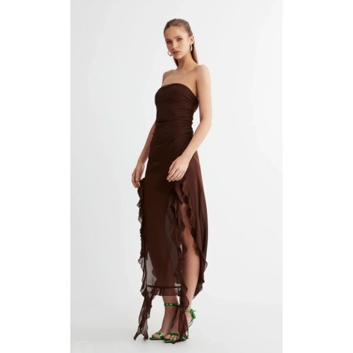 Lioness Rendezvous Dress Brown Ruched Strapless Ruffle Midi Party Night Out M