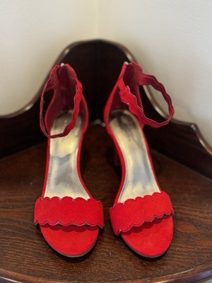 Red Scalloped Ankle Strap Stiletto Open Toe Suede Party Heels for Women