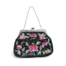 Vintage Embroidered Black Evening Clutch Purse Floral Butterfly Kiss-Lock Chain