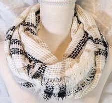 Infinity Loop Scarf Fringe Trim Plaid Open Weave Black White Tan Striped OSFM