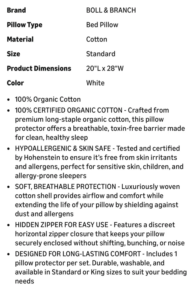 Boll & Branch органический хлопок сатин подушка протектор - стандартный размер подушка, белый - Изображение 4 из 4