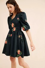 Naya Rea Marion Mini Dress Sz SMALL Tie Cotton Anthropologie Black Floral Puff