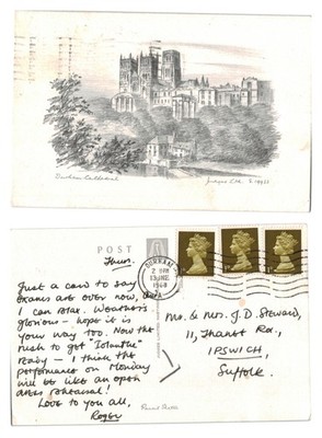 Alte Postkarte - Bleistiftskizze der Kathedrale von Durham - VERSCHICKT 1968