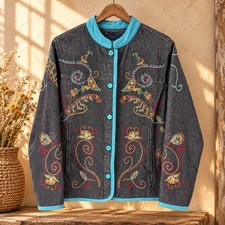 Denim Co Jacket Embroidered Floral Paisley Medium Black Blue Boho Casual