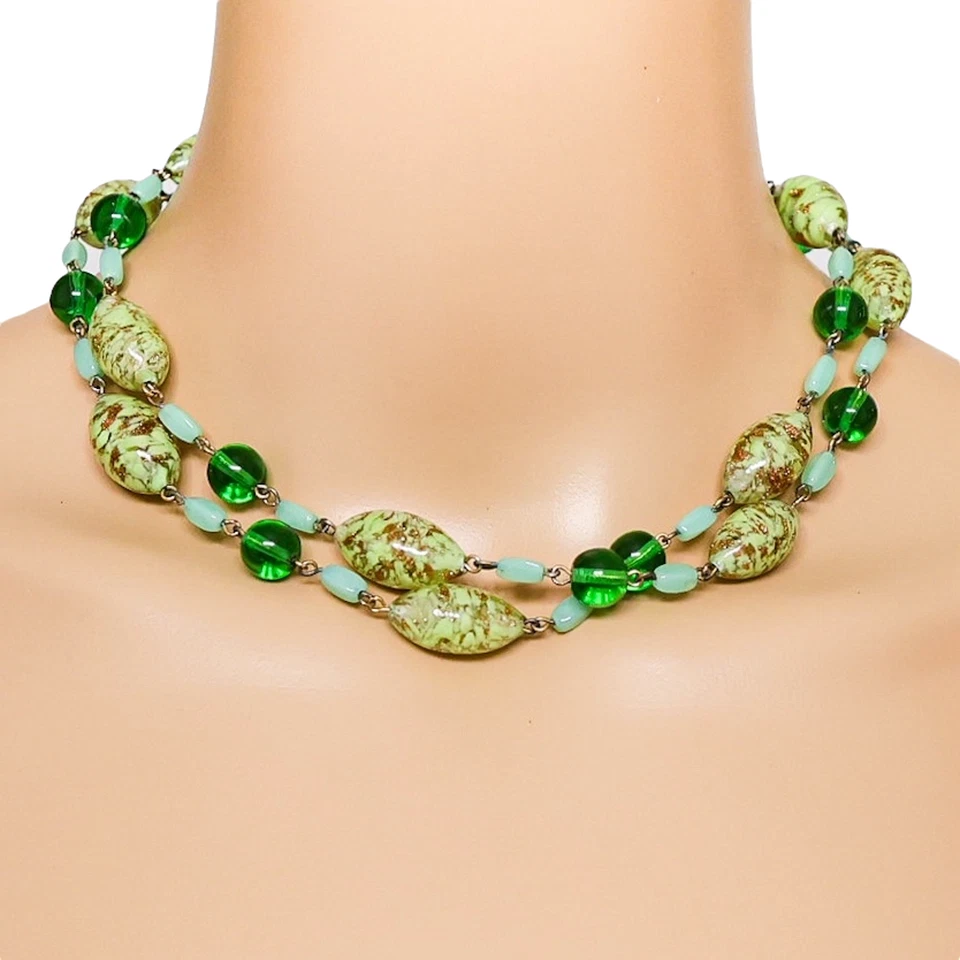 Collar Vintage Murano Verde Arte Vidrio Aventurina Cobre Manchas Largo 33" Foto 4 de 4