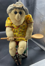 Vintage Hand Made Pantyhose Sitting Shelf Kitchen Witch Doll with Wooden Spoon