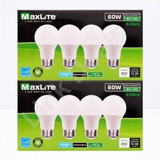 8 Pack Maxlite 60W Equivalent 8W LED Light Bulb Daylight A19 5000K Dimmable E26