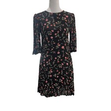 Ganni Elm Floral Georgette Dress Women EU 34 US 2 Black Ruffle Sleeve Crepe Mini