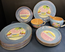 Meito Japanese Hand Painted Blue Lusterware China Set of Plates and Creamer