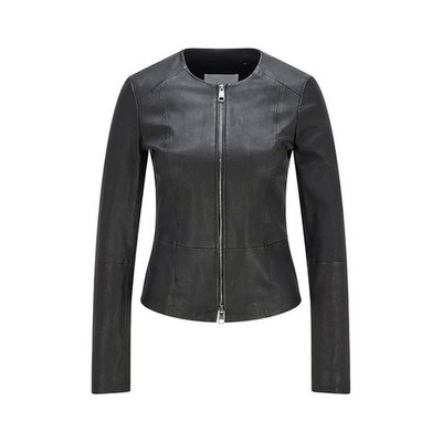Damen Echt Leder Jacke Slim Fit Kragenlos Kurzmantel Schwarz Jacke