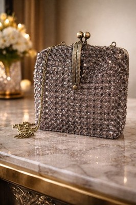 Annaninia Clutch Damen Glitzer Strass Silber Metall Klein Gold Kettenhenkel