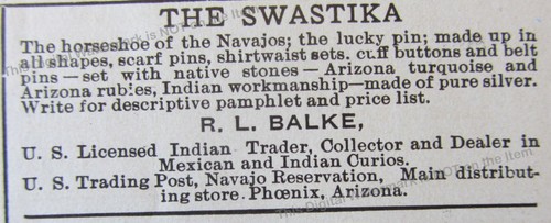 1906 Ad * The Swastika Horseshoe of the Navajos Lucky Pin Jewelry Curios Arizona