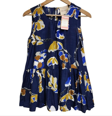 Erika Cavallini Top Womens Sz M Blue Floral Silk Blend Sleeveless Peplum Italy