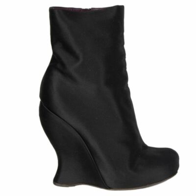 56119 auth Bottega Veneta black satin CURVED WEDGE Ankle Boots Shoes 39
