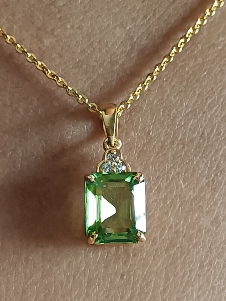 2CT Labor Erstellt Grün Smaragd & Diamant Anhänger Halskette 14k Gelb Vergoldet - Bild 2 von 4