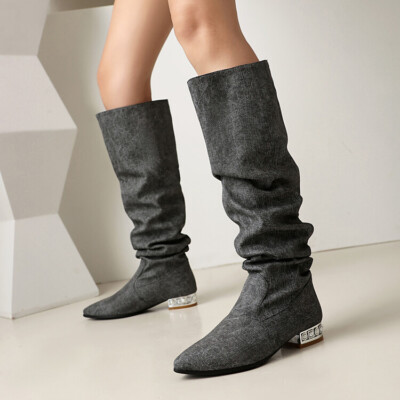 Western Style Womens Pointed Toe Knee High Boots Low Block