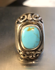 Vintage 925 Sterling Silver Wide Filigree Southwest Turquoise Ring Size 5 1/2